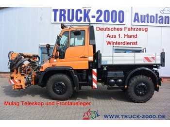 Dropside/ flatbed truck Mercedes-Benz Unimog U400 4x4 Mulag Teleskop + Frontausleger