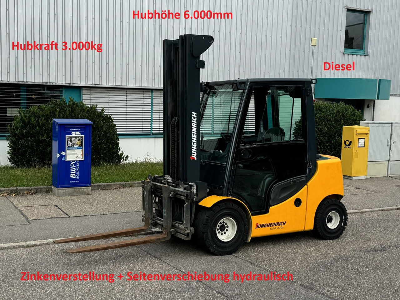 Jungheinrich DFG 430s 600DZ 3t Triplex 6m Zinkenverst. Seiten - Diesel forklift: picture 1 Jungheinrich DFG 430s 600DZ 3t Triplex 6m Zinkenverst. Seiten - Diesel forklift: picture 1
