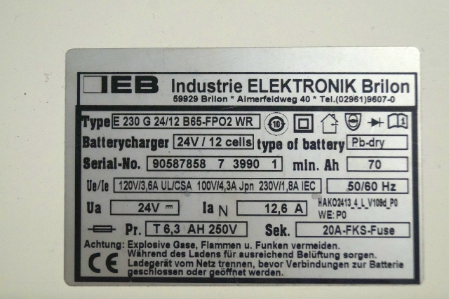 IEB 90587858 | IEB charger EFG 230 G 24/12 B65-FP02 WR 24V12,6A 220V 50/60Hz fro - Battery for Material handling equipment: picture 2 IEB 90587858 | IEB charger EFG 230 G 24/12 B65-FP02 WR 24V12,6A 220V 50/60Hz fro - Battery for Material handling equipment: picture 2