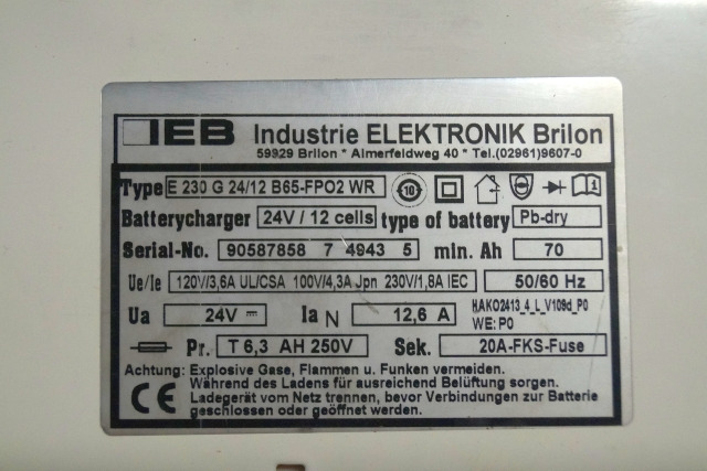 IEB 90587858 | IEB charger EFG 230 G 24/12 B65-FP02 WR 24V12,6A 220V 50/60Hz fro - Battery for Material handling equipment: picture 2 IEB 90587858 | IEB charger EFG 230 G 24/12 B65-FP02 WR 24V12,6A 220V 50/60Hz fro - Battery for Material handling equipment: picture 2