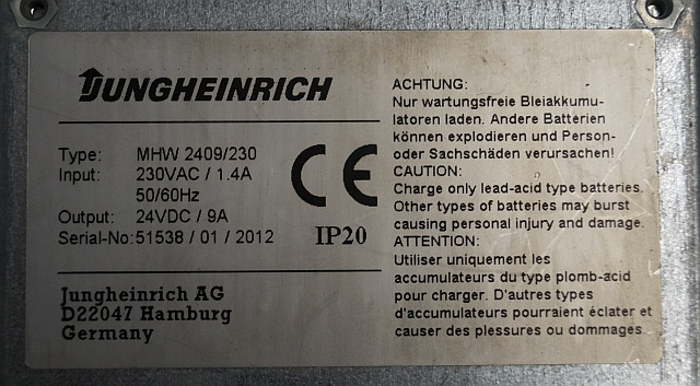 Jungheinrich 50461442 | Charger build-in 230Vac/1.4A 50/60Hz 24 VDC/9A sn. SIS3 Charger build-in 230Vac/1.4A 50/60Hz 24 VDC/9A sn. SIS38/01/2012 IP20 for EMC110 - Battery for Material handling equipment: picture 2 Jungheinrich 50461442 | Charger build-in 230Vac/1.4A 50/60Hz 24 VDC/9A sn. SIS3 Charger build-in 230Vac/1.4A 50/60Hz 24 VDC/9A sn. SIS38/01/2012 IP20 for EMC110 - Battery for Material handling equipment: picture 2