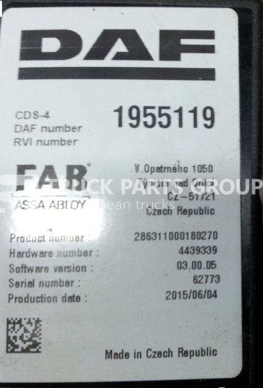 DAF XF EURO6, CF EURO 6, CDS-4 control unit, FAB ASSA ABLOY, 1955119 control unit - ECU for Truck: picture 1 DAF XF EURO6, CF EURO 6, CDS-4 control unit, FAB ASSA ABLOY, 1955119 control unit - ECU for Truck: picture 1