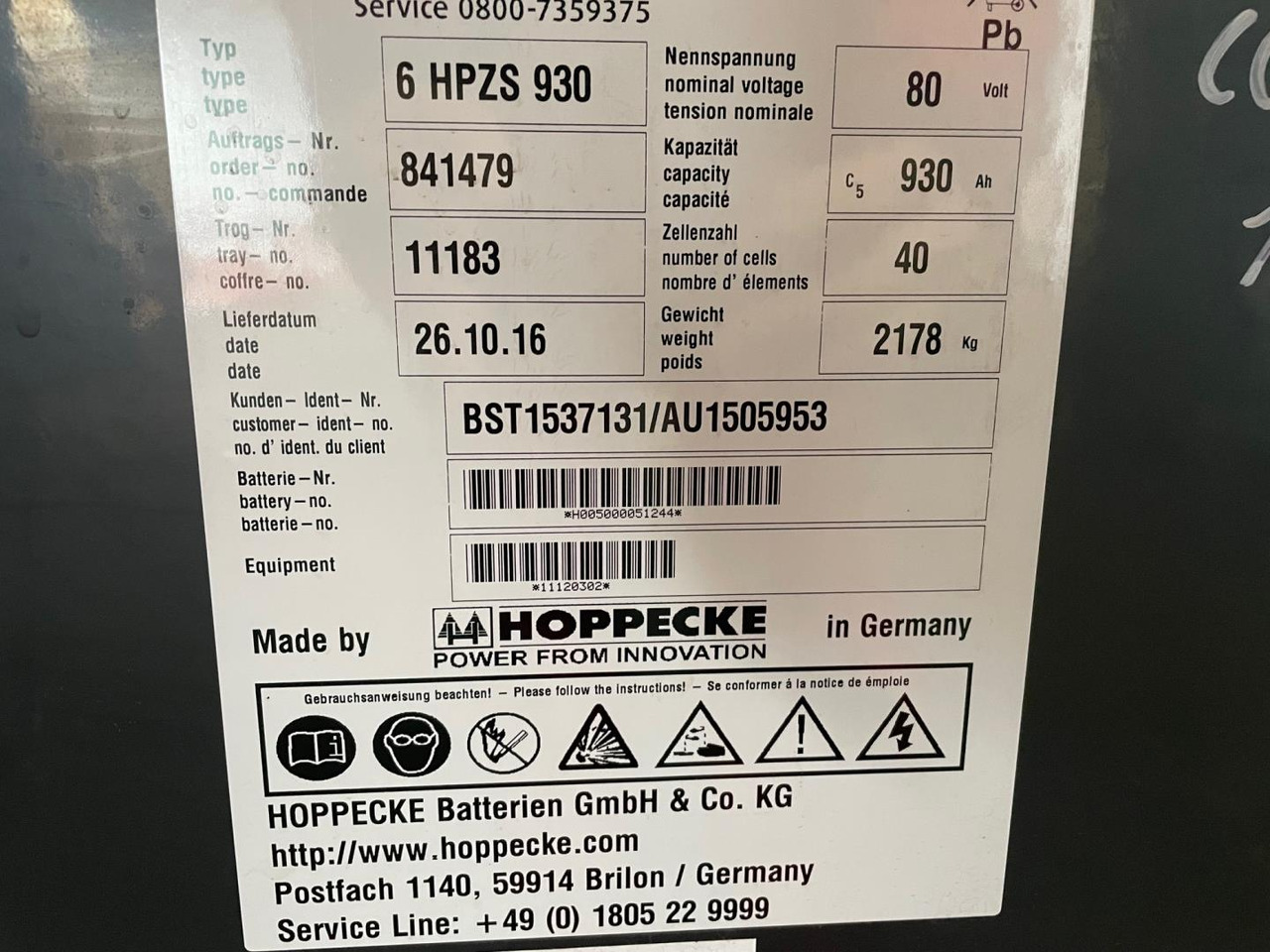 Hoppecke 80V 6 HPZS 930 - Battery for Material handling equipment: picture 2 Hoppecke 80V 6 HPZS 930 - Battery for Material handling equipment: picture 2