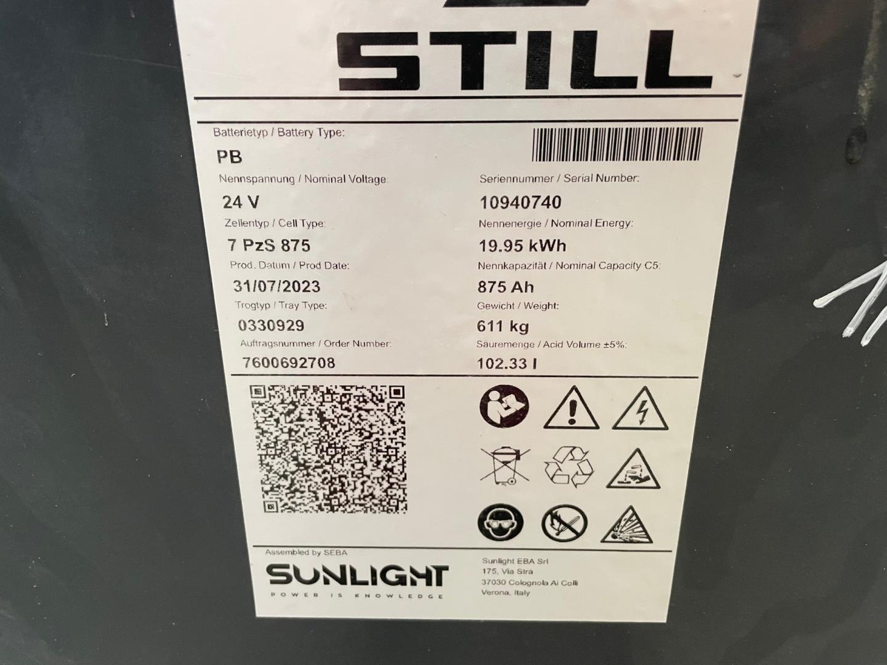 Sunlight 24V 7 PZS 875 - Battery for Material handling equipment: picture 2 Sunlight 24V 7 PZS 875 - Battery for Material handling equipment: picture 2