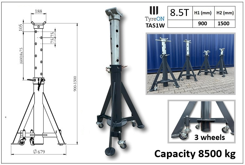 TAS1W8.5T  axle support 900-1500 mm mobile - 3 suspended castors wheels - Integrated coil spring - Warehouse equipment: picture 1 TAS1W8.5T  axle support 900-1500 mm mobile - 3 suspended castors wheels - Integrated coil spring - Warehouse equipment: picture 1