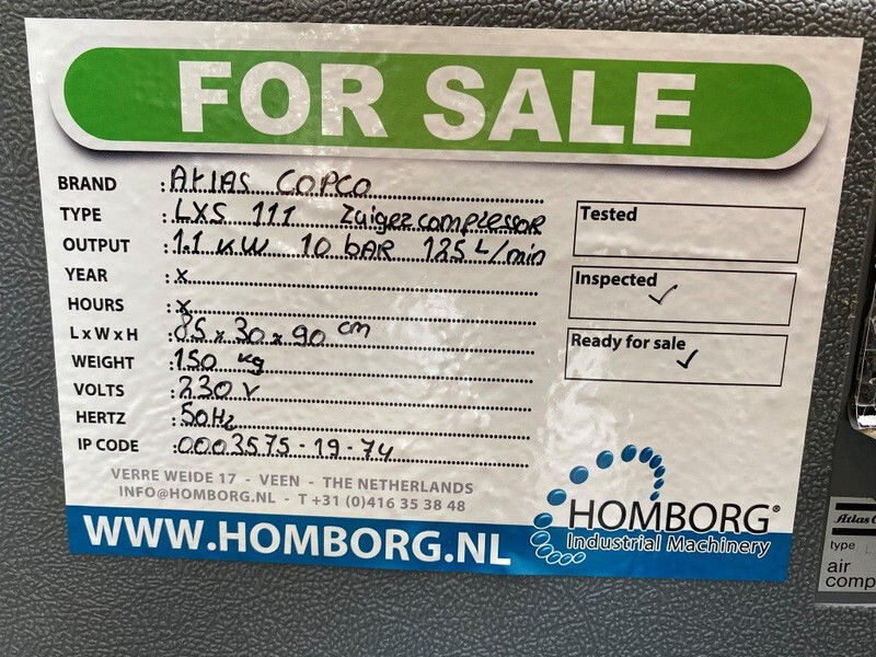 Air compressor Atlas-Copco LXS 111 1.1 kW 10 bar 125 L / min zuigercompressor met 50 liter ketel: picture 10