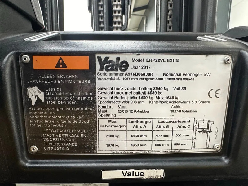 Yale ERP22VL 2.2 ton Triplex Freelift Sideshift Elektra Heftruck Accu 2022 - Electric forklift: picture 5 Yale ERP22VL 2.2 ton Triplex Freelift Sideshift Elektra Heftruck Accu 2022 - Electric forklift: picture 5